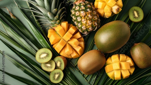 A composition of tropical fruits  kiwis  pineapples  mangoes  on a palm leaf background generative ai