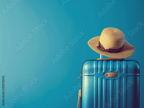 raveler blue holiday journey suitcase vacation baggage trip travel background hat, copyspace area - ai