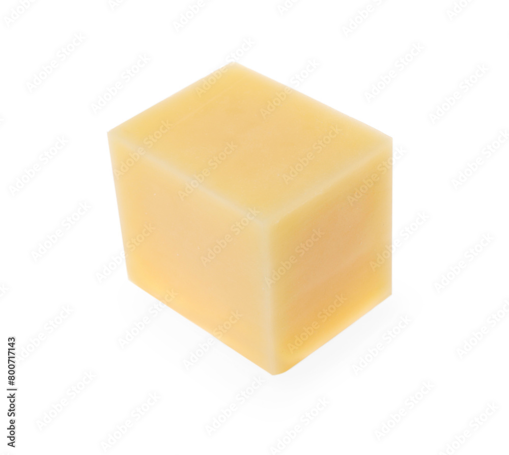One cube of tasty cheese isolated on white