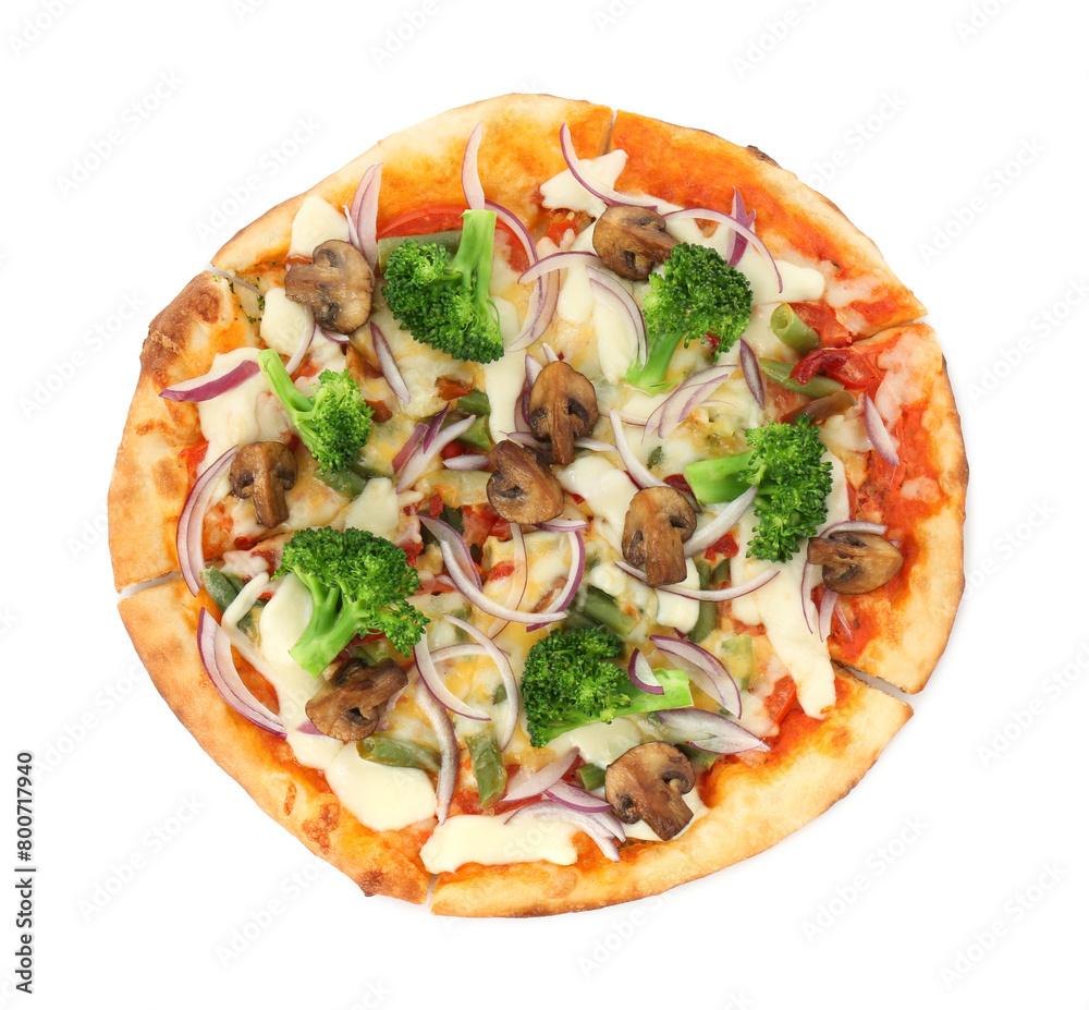 Delicious vegetarian pizza isolated on white, top view