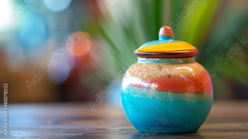 A small brightly colored ceramic container with a fitted lid perfect for storing loose change or small items on a desk or dresser..