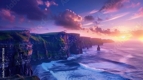 Colorful sky and blue landscape in the early morning dawn on seashore with cliffs, magical, Celtic, Ireland