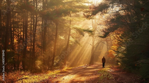 A person walking along a forest trail, with sunlight filtering through the trees generative ai