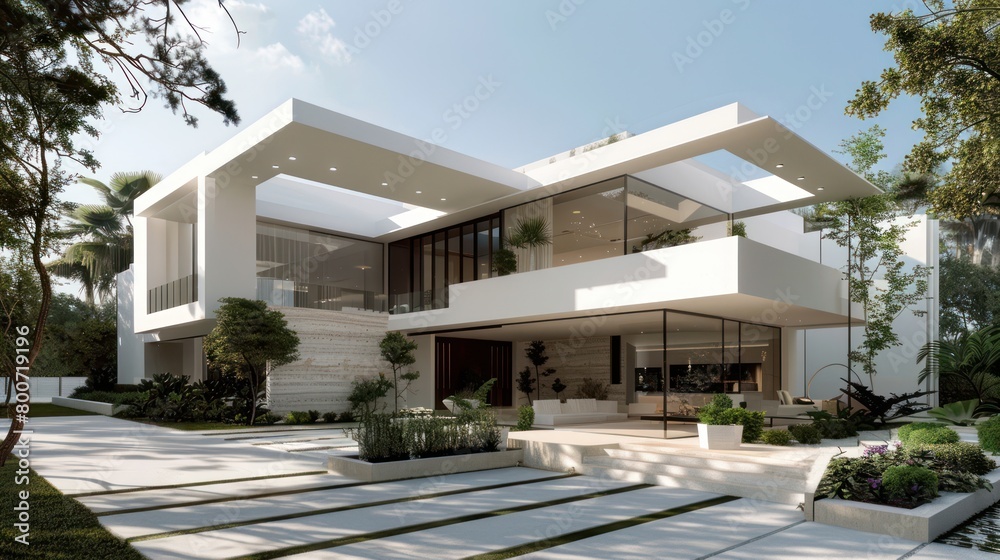 Modern 2-storey white minimalist style house. Property real estate business background.