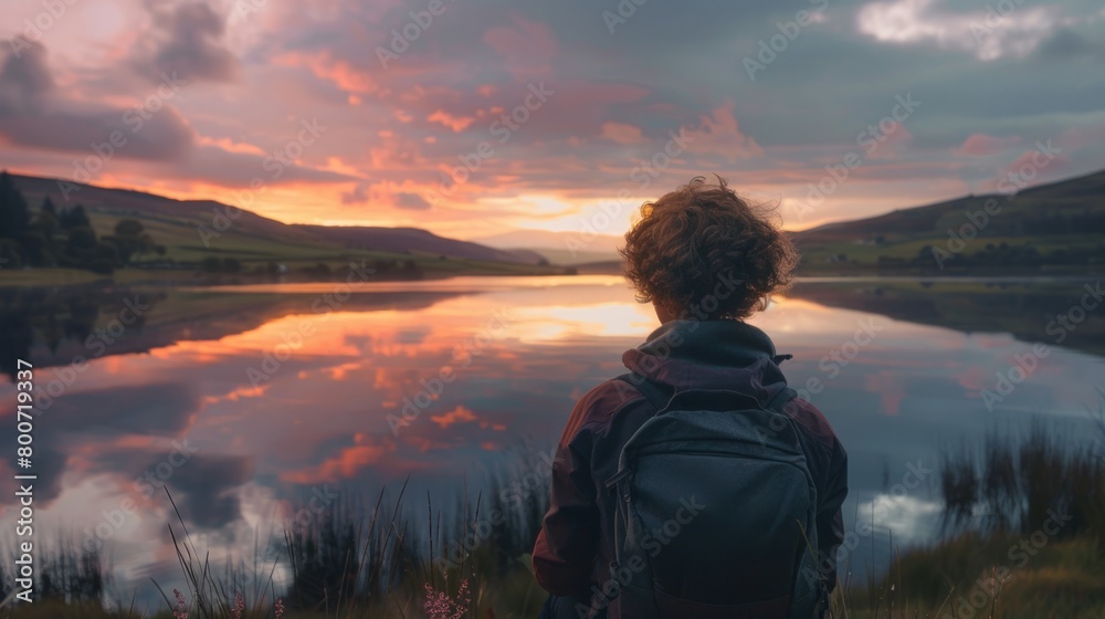 Fototapeta premium A person with their back turned looking out at a tranquil lake, with sunset reflections in the water generative ai