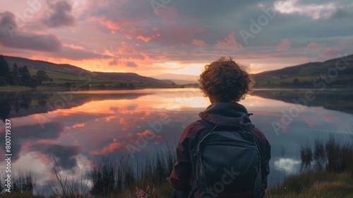 A person with their back turned looking out at a tranquil lake, with sunset reflections in the water generative ai