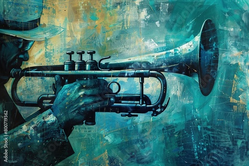 Cool blues and greens representing the soothing sounds of a jazz trumpet