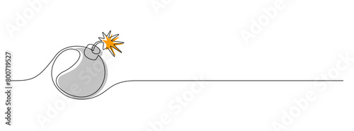 Bomb with burning fuse in one Continuous line drawing. Stress explosion and boom concept with fire wick in simple linear style. Divider in editable stroke. Doodle outline color Vector illustration