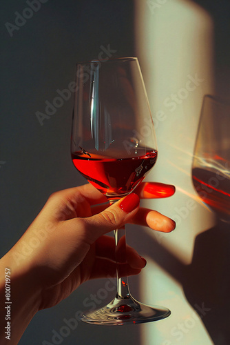 A woman's hand holding a glass of red wine against the sunlight entering the room.