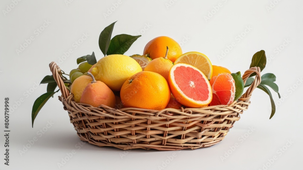 A variety of citrus fruits (oranges, lemons, grapefruits) in a wicker basket on a white background generative ai A variety of citrus fruits (oranges, lemons, grapefruits) in a wicker basket on a white background generative ai