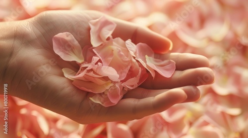 A persons hand gently holds a delicate pink flower, showcasing the contrast between the soft petals and the firm grip of the hand. The flowers vibrant color stands out against the skin, creating a