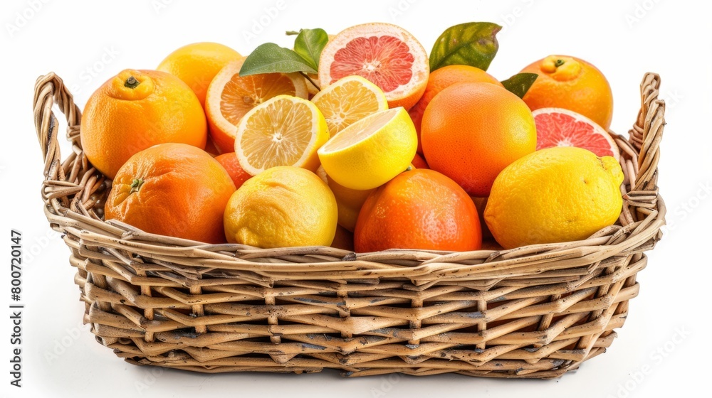 A variety of citrus fruits (oranges, lemons, grapefruits) in a wicker basket on a white background generative ai A variety of citrus fruits (oranges, lemons, grapefruits) in a wicker basket on a white background generative ai