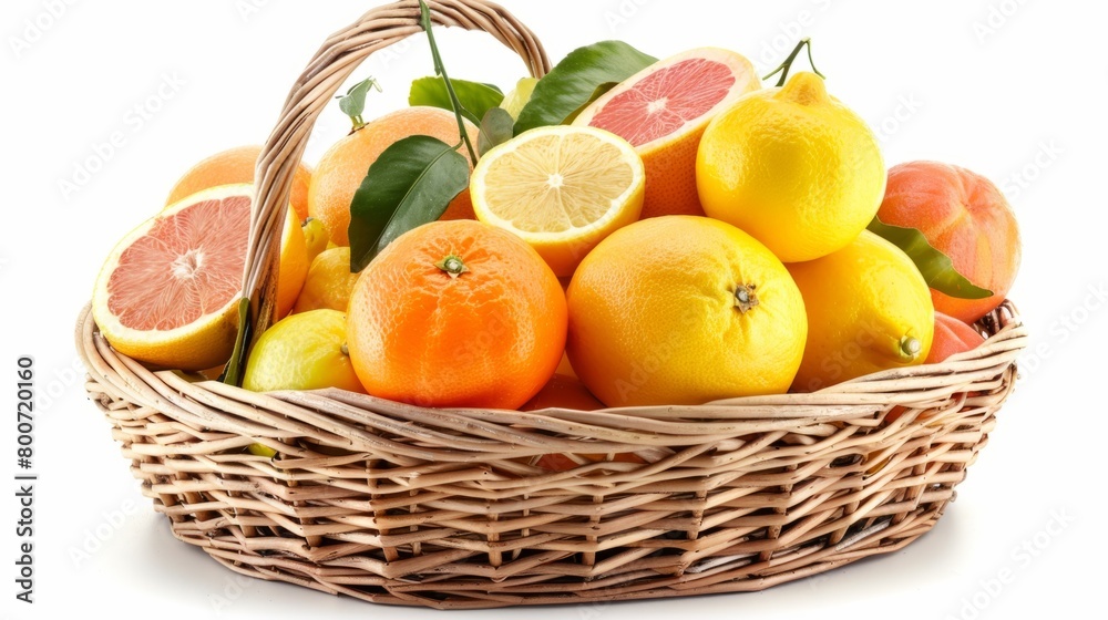A variety of citrus fruits (oranges, lemons, grapefruits) in a wicker basket on a white background generative ai A variety of citrus fruits (oranges, lemons, grapefruits) in a wicker basket on a white background generative ai