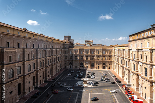 Vatican City - July 14 2023: View of Belvedere Courtyard or Belvedere Court. Vatican Museum with parking lot in Vatican City