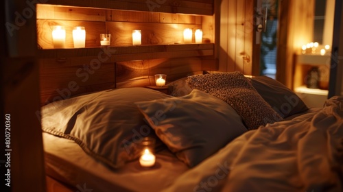 A cozy bedroom is lit by alcoves in the wooden headboard each housing a small candle that adds a touch of romance to the space. 2d flat cartoon.