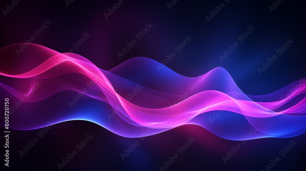 Naklejka premium Dynamic purple and pink neon waves on a dark background, ideal for vibrant nightlife or music festival posters,