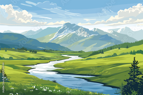 landscape with lake and mountains, Mountain landscape background with lake, Spring summer beautiful nature, Vector illustration