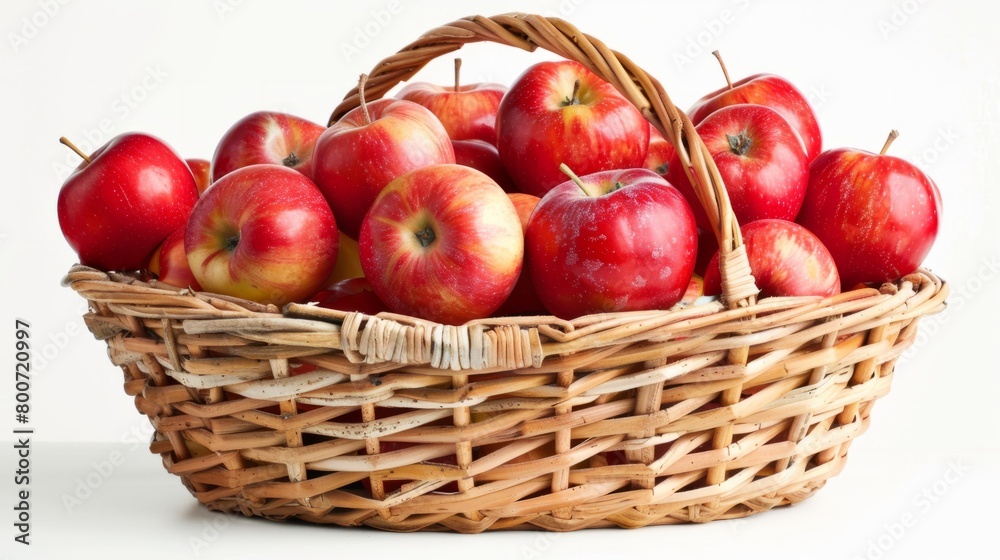 A wicker basket full of bright red apples on a white background generative ai A wicker basket full of bright red apples on a white background generative ai