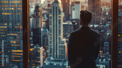 A man in a suit looking at the city sunset through his office window, Generative AI