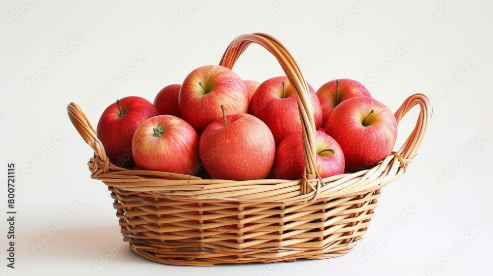 A wicker basket full of bright red apples on a white background generative ai A wicker basket full of bright red apples on a white background generative ai