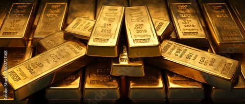 Stack of shiny gold bars in a secure vault with dim lighting, focusing on the engraved serial numbers,