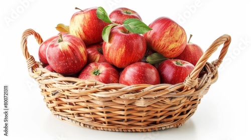 A wicker basket full of bright red apples on a white background generative ai