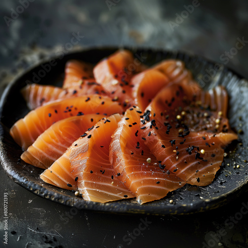 Close-up of mouthwatering smoked salmon on a rustic board. Perfect for menus & blogs photo