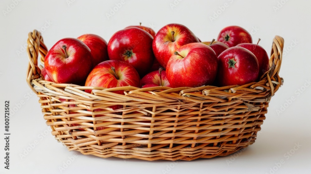 A wicker basket full of bright red apples on a white background generative ai A wicker basket full of bright red apples on a white background generative ai