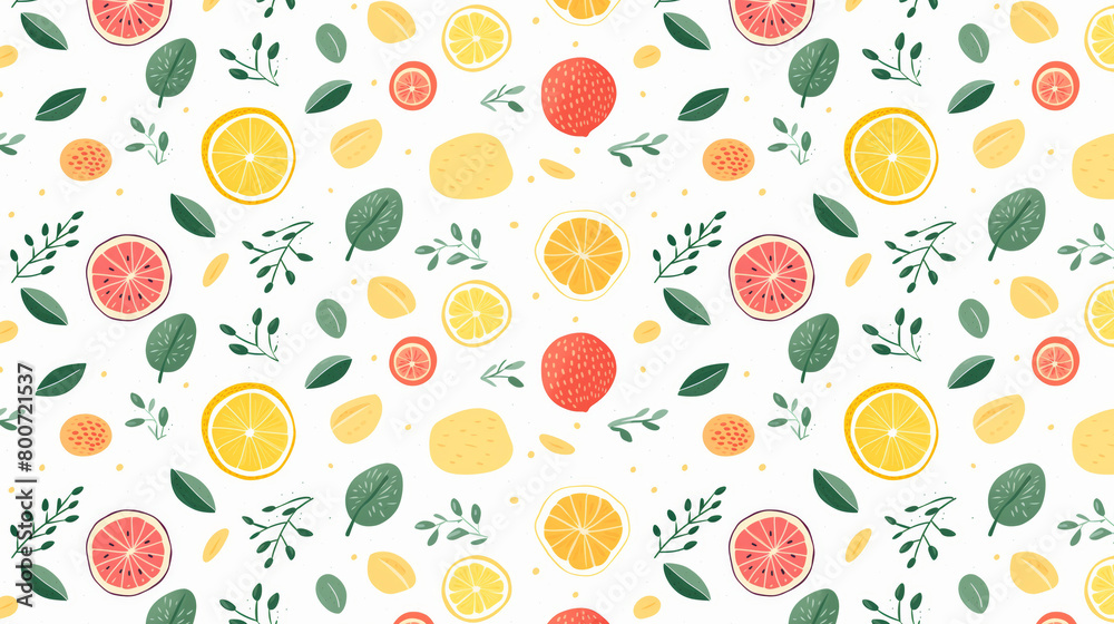 A seamless pattern of hand-drawn citrus fruits and leaves.