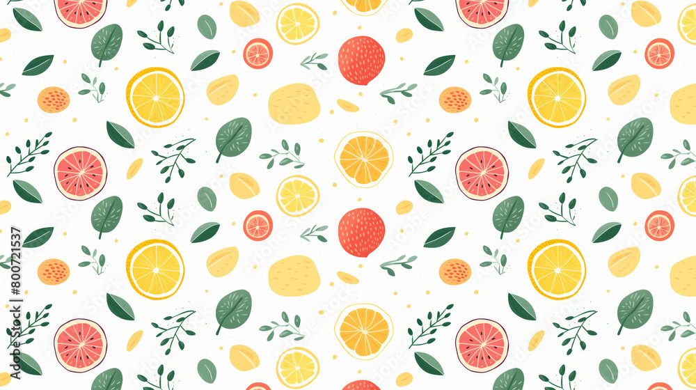 A seamless pattern of hand-drawn citrus fruits and leaves. A seamless pattern of hand-drawn citrus fruits and leaves.