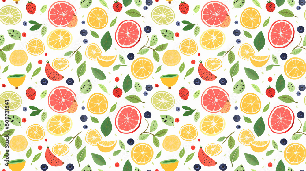 A seamless pattern of hand-drawn citrus fruits and berries.