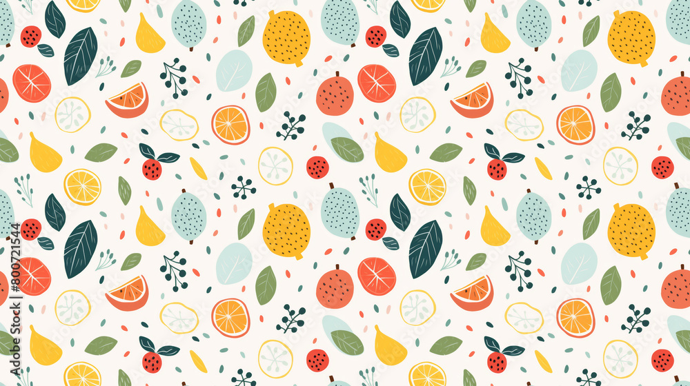 A seamless pattern of hand-drawn citrus fruits and leaves. A seamless pattern of hand-drawn citrus fruits and leaves.
