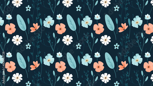 Wallpaper Mural A seamless pattern of cute cartoon flowers and leaves on a dark blue background. Torontodigital.ca