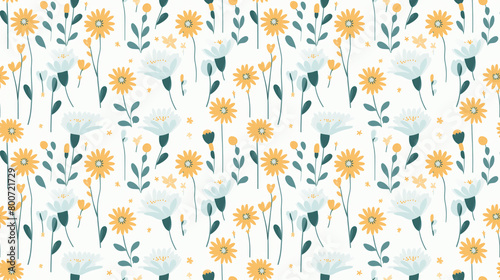 A seamless pattern of cute cartoon flowers and leaves on a white background
