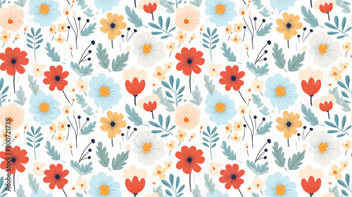 A seamless pattern of cute hand drawn flowers and leaves in a repeat pattern.