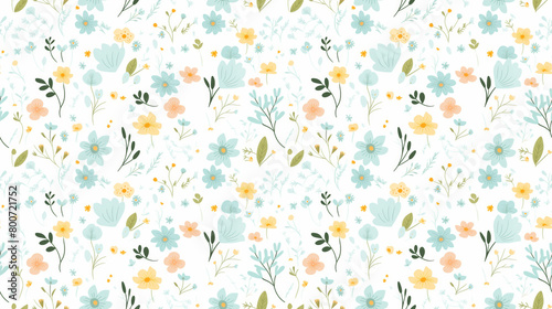 A seamless pattern of cute hand drawn flowers and leaves in pastel colors on a white background.