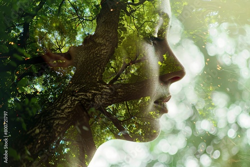 Double exposure portrait of woman blended with nature, forest trees form face, creative art of beauty and tranquility, abstract girl profile in green woods