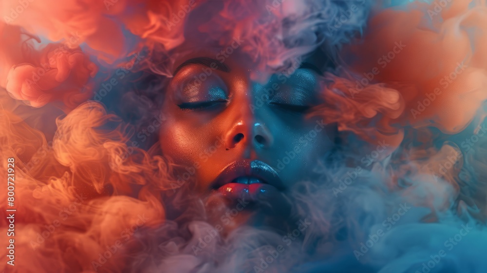 Serenity amidst chaos: A woman's face in tranquil repose, enveloped in vibrant dust clouds Serenity amidst chaos: A woman's face in tranquil repose, enveloped in vibrant dust clouds