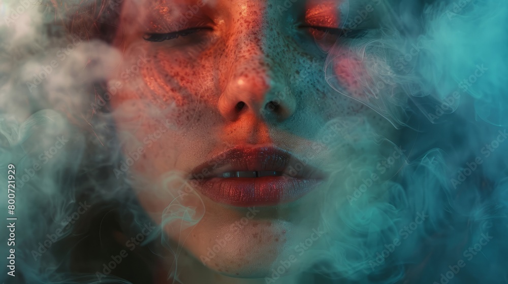 Serenity amidst chaos: A woman's face in tranquil repose, enveloped in vibrant dust clouds