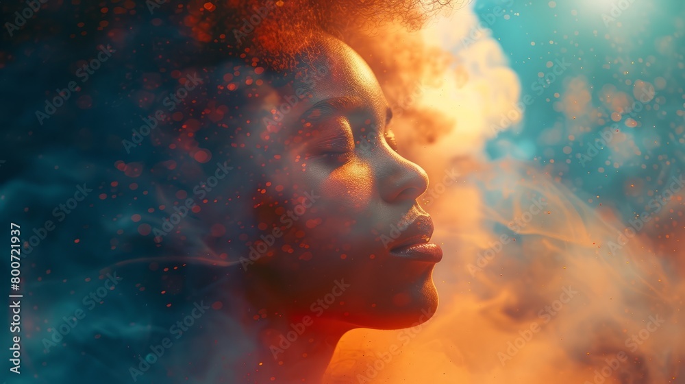 A canvas of dreams, a woman's visage rising through a vibrant cloud of dust on azure A canvas of dreams, a woman's visage rising through a vibrant cloud of dust on azure