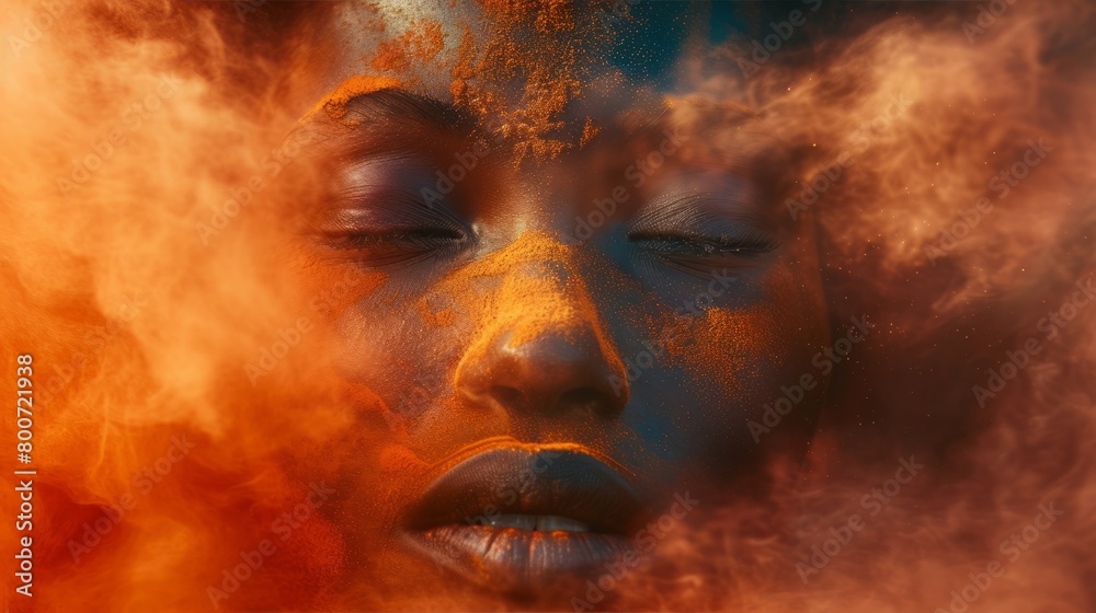 Serenity amidst chaos: A woman's face in tranquil repose, enveloped in vibrant dust clouds Serenity amidst chaos: A woman's face in tranquil repose, enveloped in vibrant dust clouds