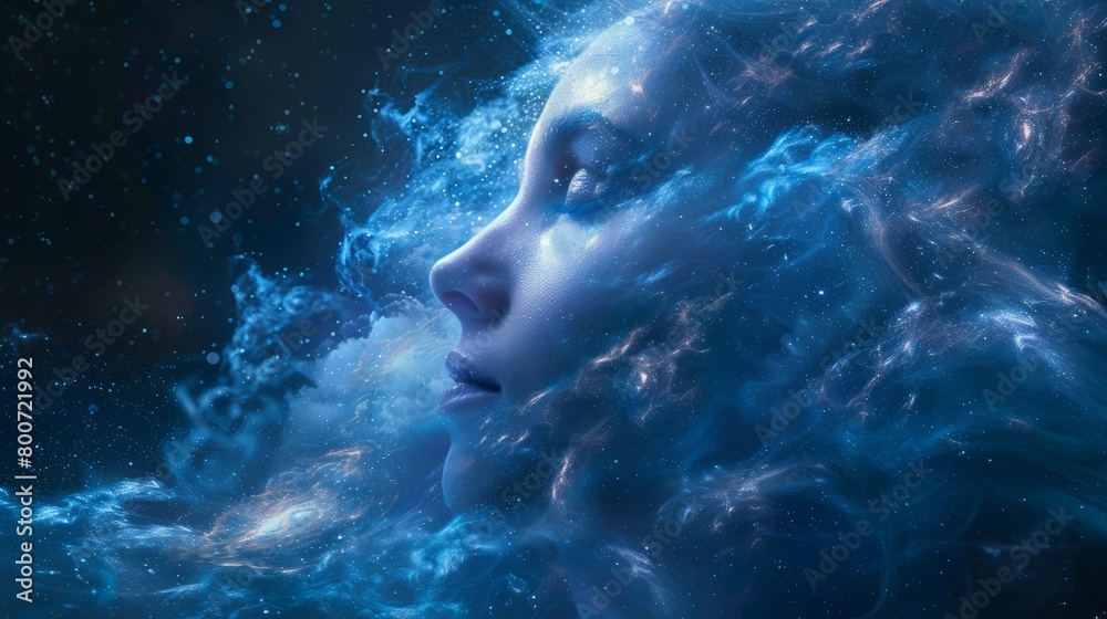 A mystical emergence, woman's visage amidst a swirl of cosmic dust on navy backdrop
