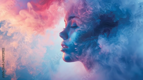 A canvas of dreams, a woman's visage rising through a vibrant cloud of dust on azure photo