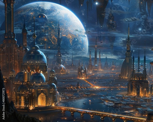 diverse societies tracing their origins to various star systems Show a rear view of a futuristic cityscape blending different architectural styles with unique symbols photo