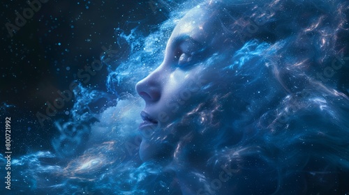 A mystical emergence  woman s visage amidst a swirl of cosmic dust on navy backdrop