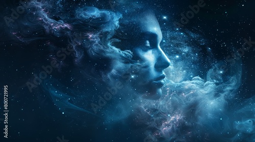 A mystical emergence, woman's visage amidst a swirl of cosmic dust on navy backdrop