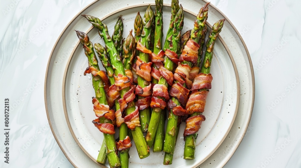 Bacon wrapped asparagus on a white plate generative ai