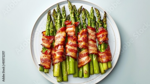 Bacon wrapped asparagus on a white plate generative ai