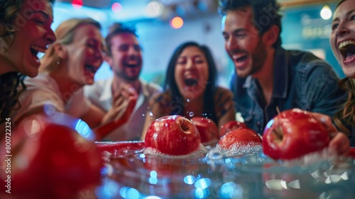 A game of apple bobbing happening in one corner of the room with guests laughing and cheering on their friends.