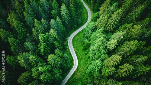 Drone eye view of a winding forest road, journey through the serene green pine landscape